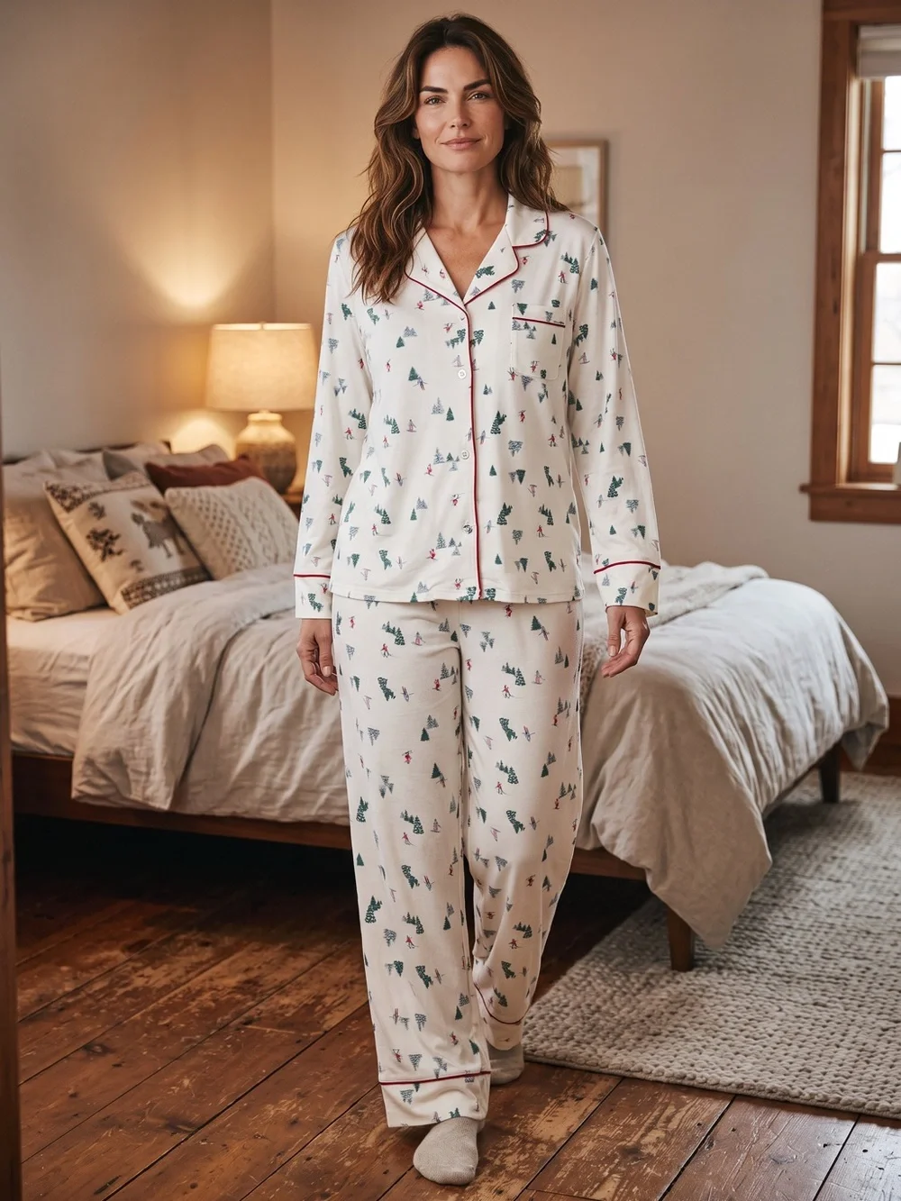 TAHARI Winter Ski Print Pajama Set Long Sleeve Top & Pants Light Weight Size LG